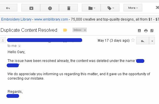 Duplicate Content Resolved Email