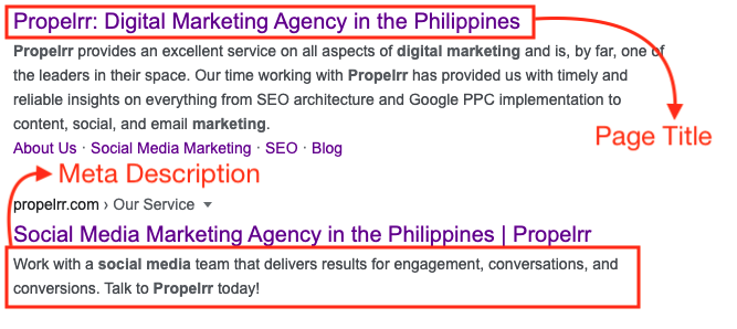 Sample screenshot of SEO page title and meta description