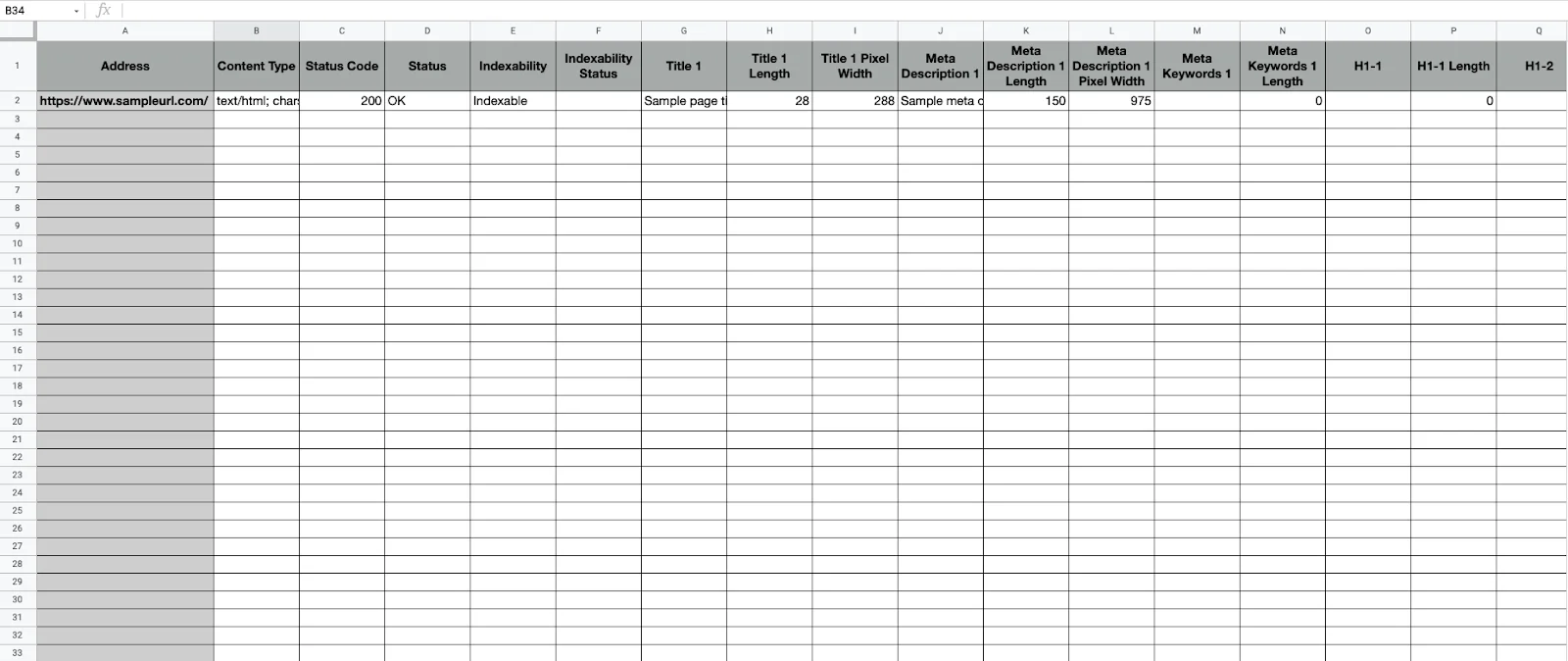 screaming frog data example