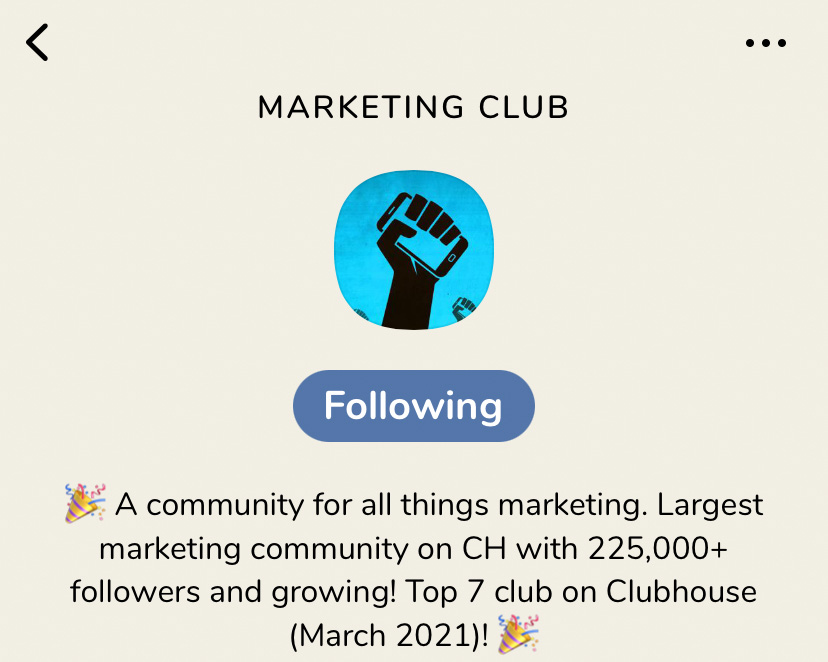 Following Marketing Club on Clubhouse