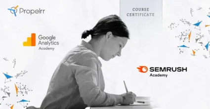 A woman taking a test with Google Analytics and SEMRush Academy's logos around her
