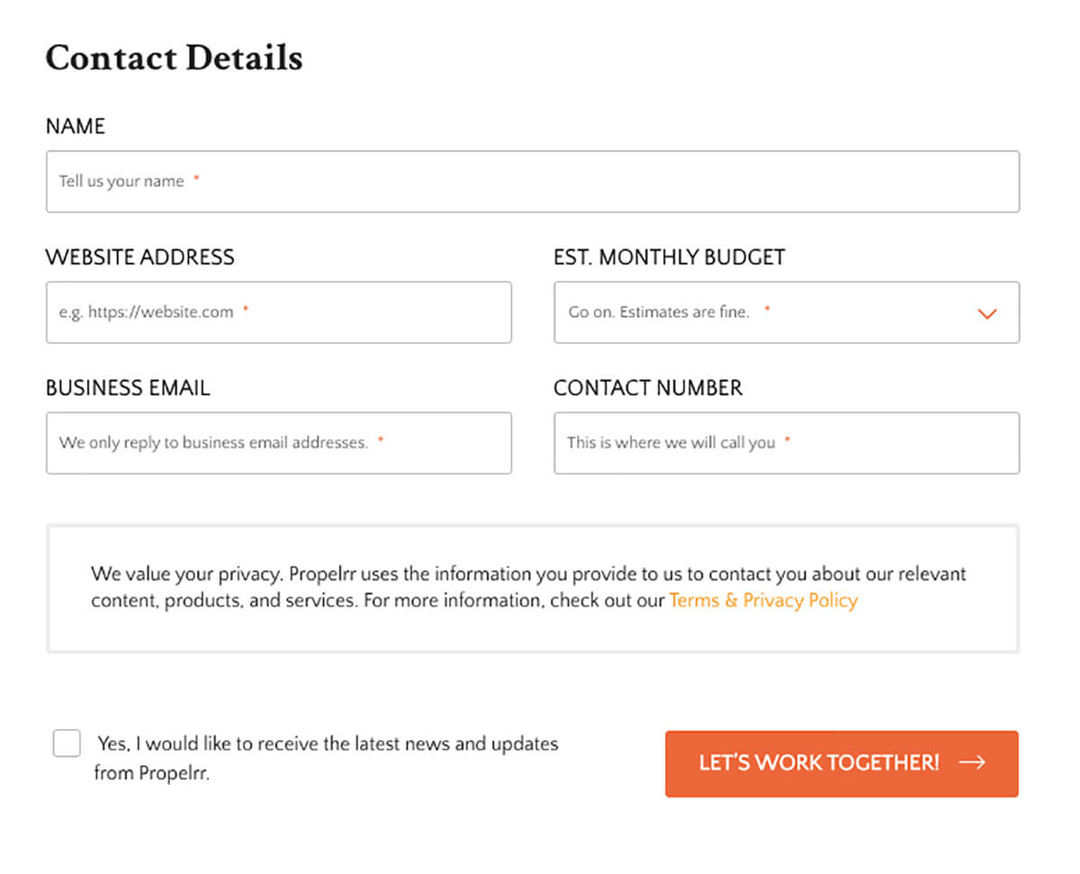 Propelrr website contact form