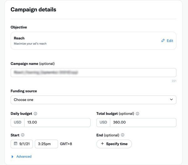 Example of Twitter's Ad Campaign Details