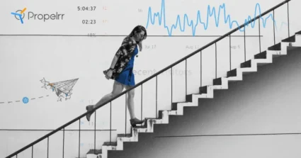 Woman walking up the stairs with a background of an analytics dashboard