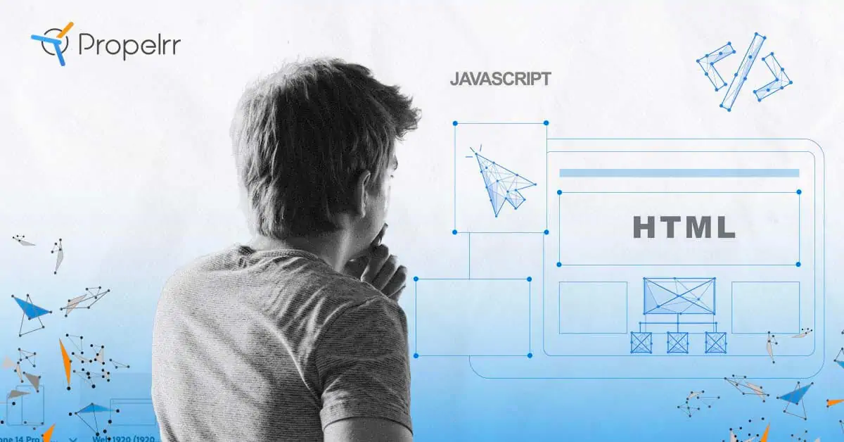 Man looking at visuals of JavaScript and HTML