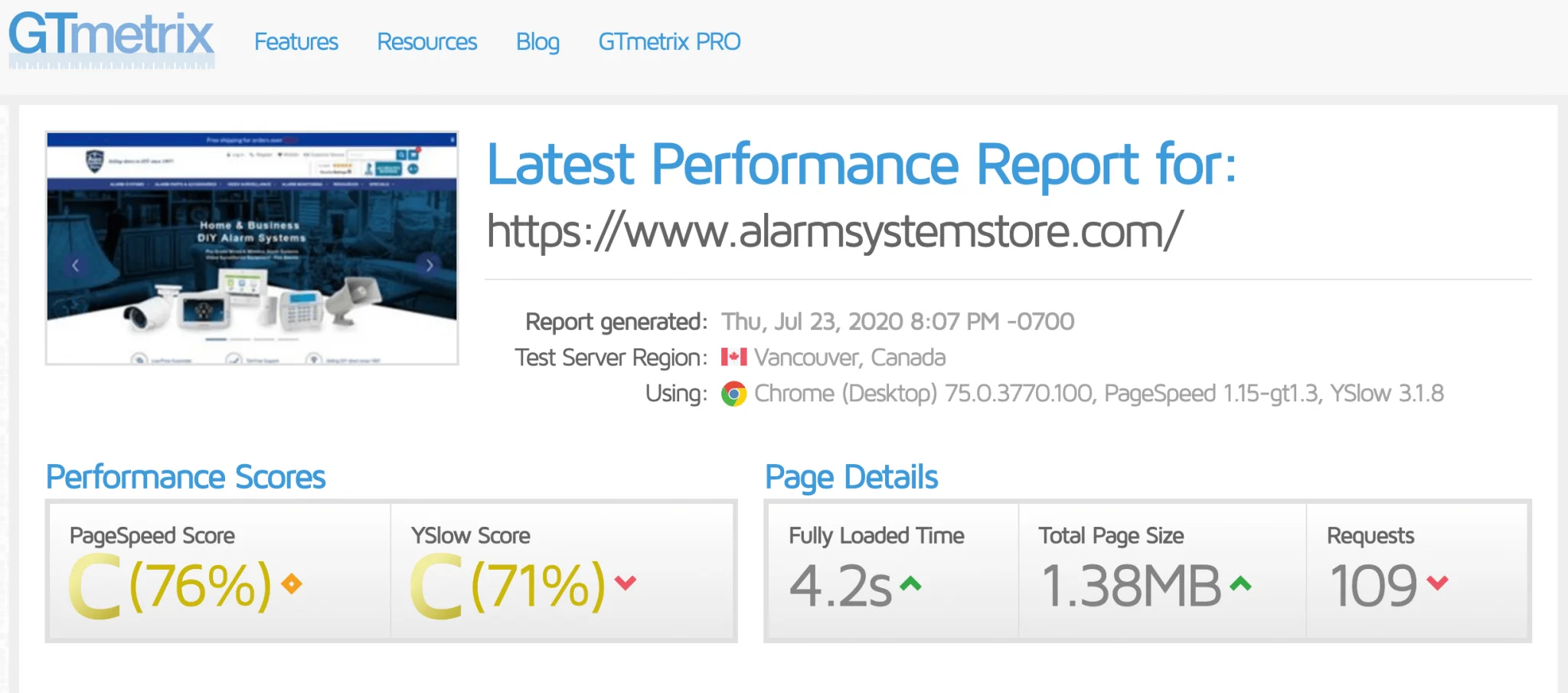 website sample performance report from gtmetrix