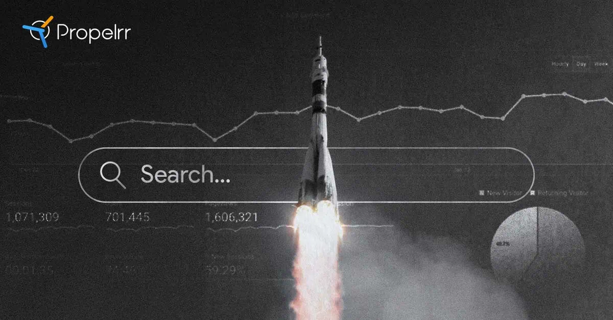 A black and white rocket lifting off against a search engine background and statistics