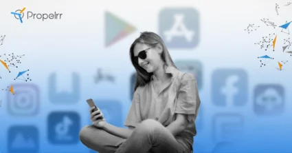 person viewing phone with mobile apps in the background