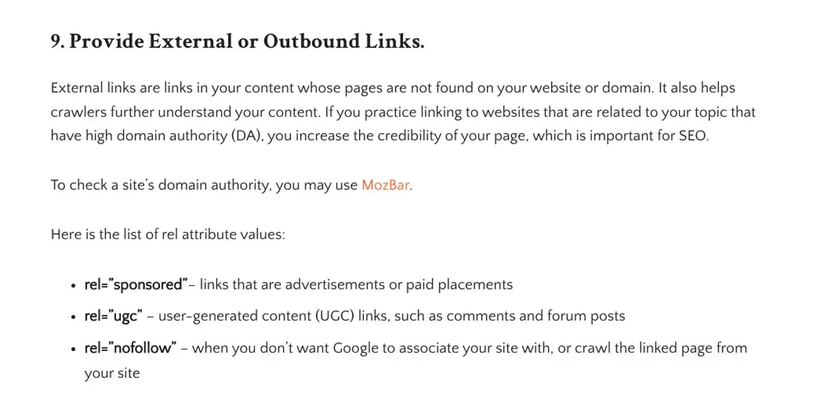 Screenshot of text detailing the importance of external links in SEO