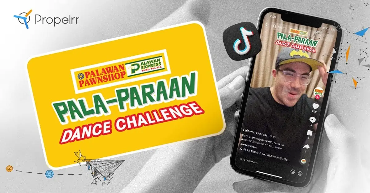 Hands holding a mobile phone that shows Palawan Pawnshop's Pala-Paraan Dance Challenge