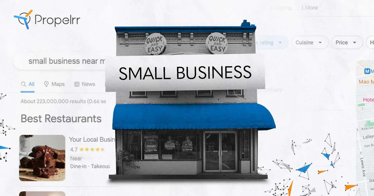 Storefront of a small business and the search results page for small business near me as a background