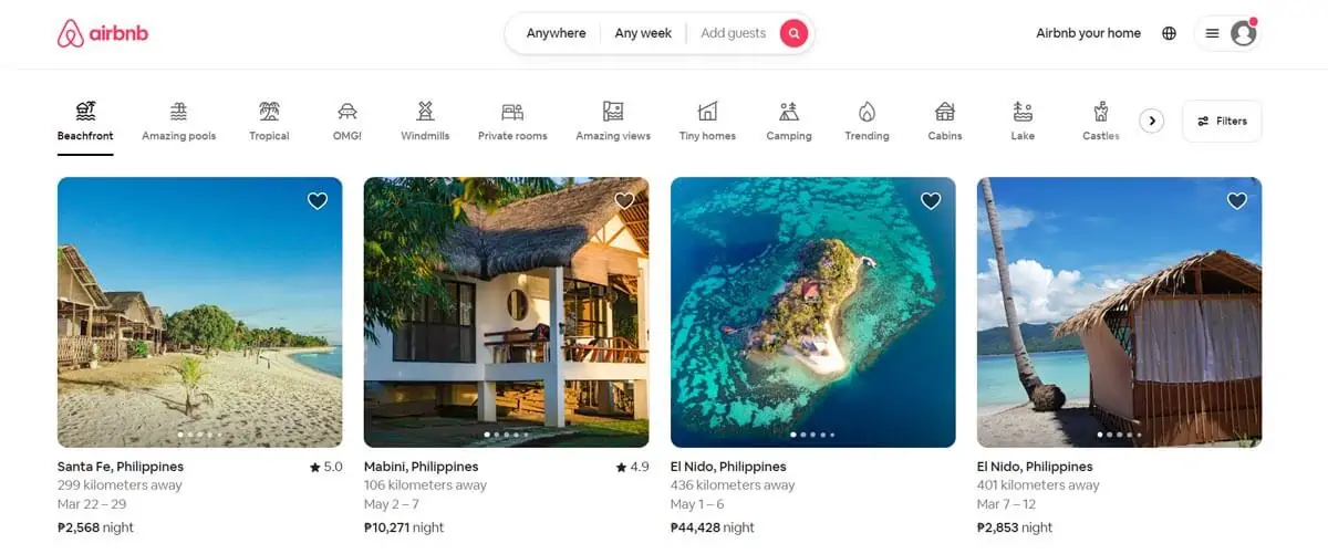 airbnb homepage