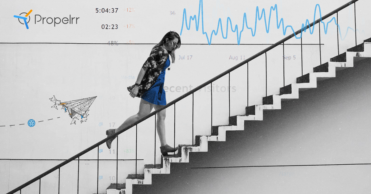 Woman walking up the stairs with a background of an analytics dashboard