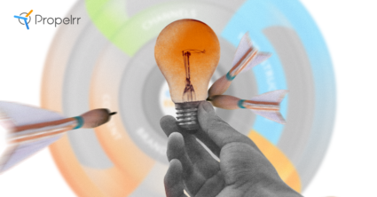 Hand holding a lightbulb with darts flying towards the Propelrr Framework in the background