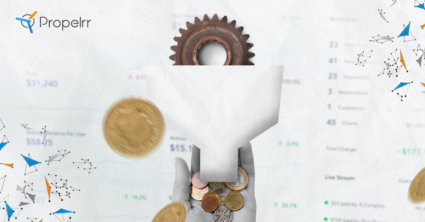 A rusty gear entering a paper funnel to produce coins over a background of an analytics dashboard