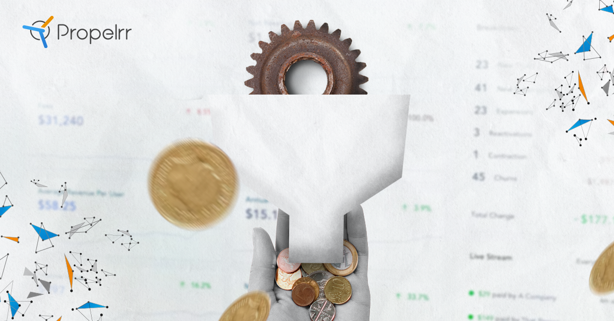 An image of a rusty gear entering a paper funnel to produce coins over a background of an analytics dashboard