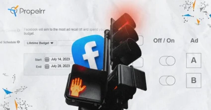 Stoplight and Facebook logo with ad scheduling background