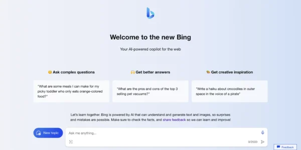 bing chatbot home page