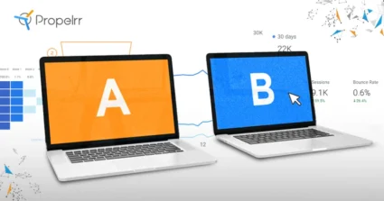 Two laptops showing the letters A and B