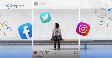 an instagram post with different social media icons floating around